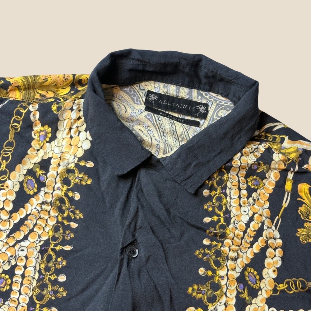 AllSaints Shirt Mens M Rubens SS Relaxed Fit Black Baroque Chain Pearl Print